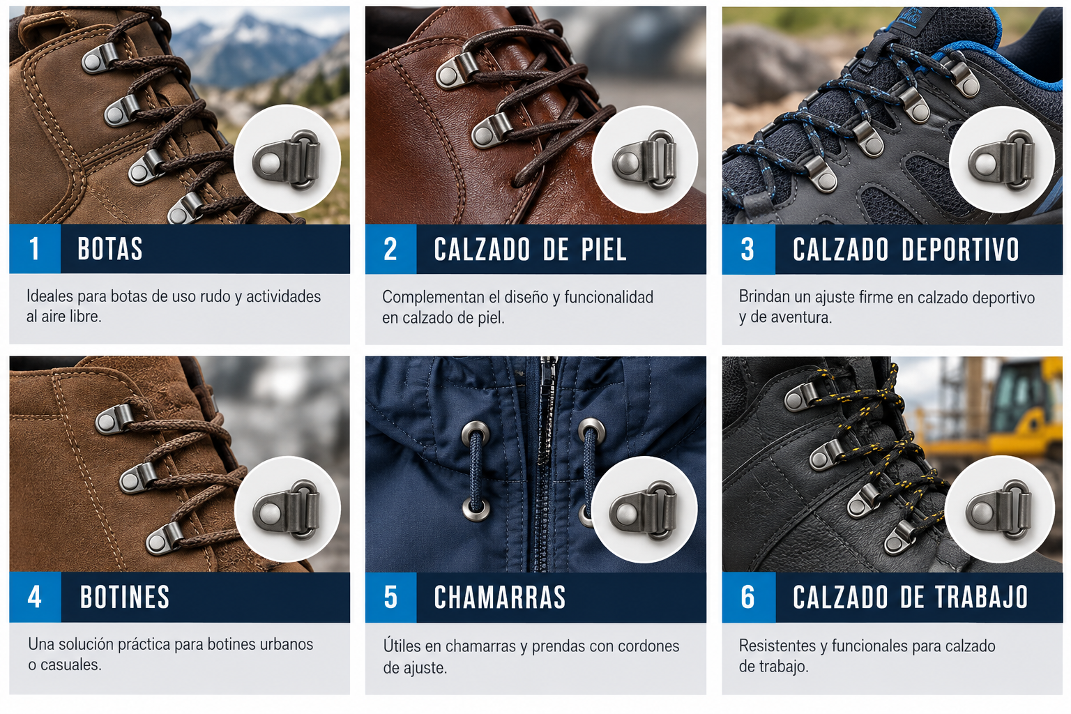 Aplicaciones de Agujeteros metálicos para paso de agujetas: botas, calzado de piel, calzado deportivo, botines, chamarras, calzado de trabajo