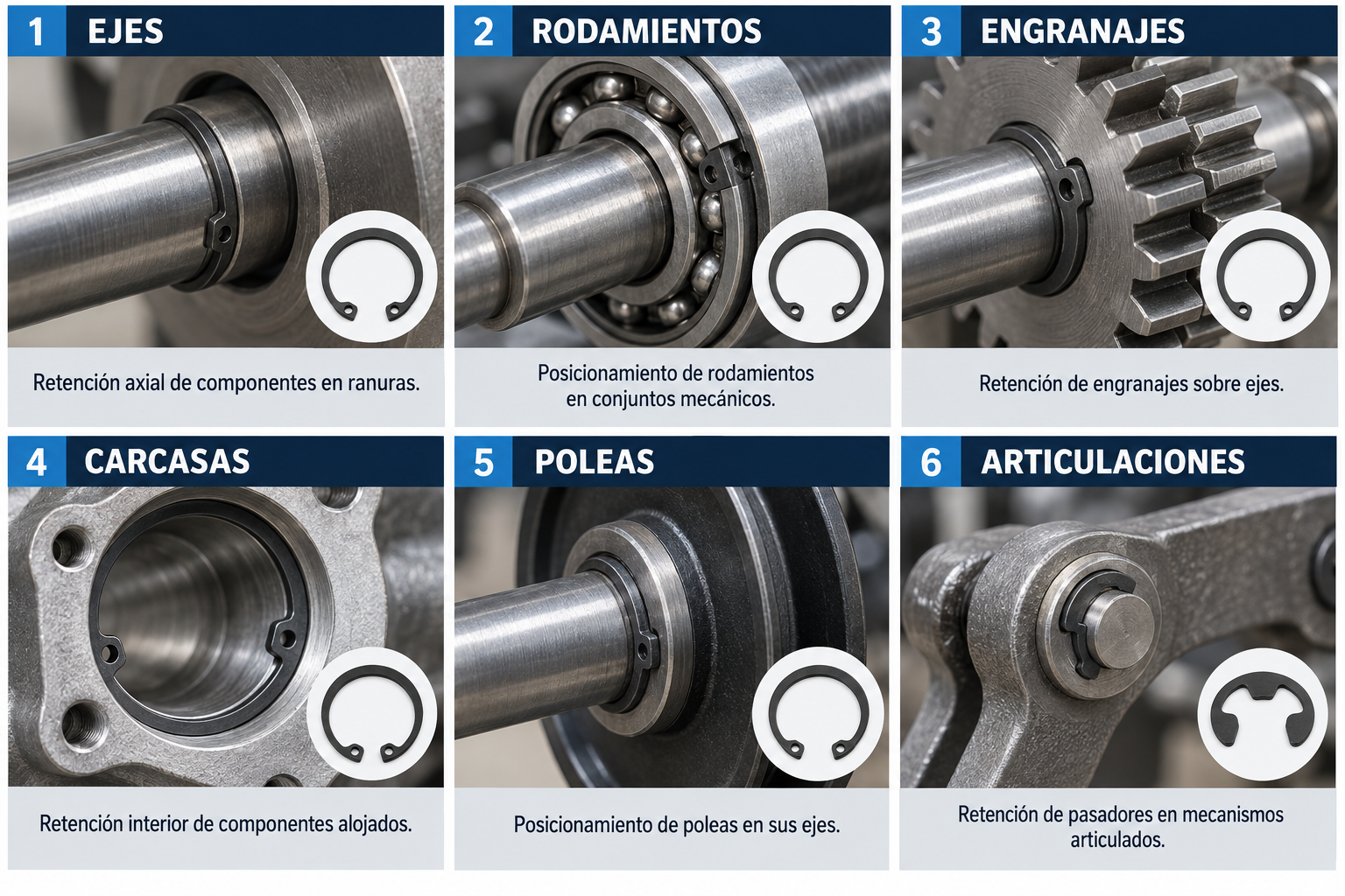 Aplicaciones de anillos de retención en ejes, rodamientos, engranajes, carcasas, poleas y articulaciones
