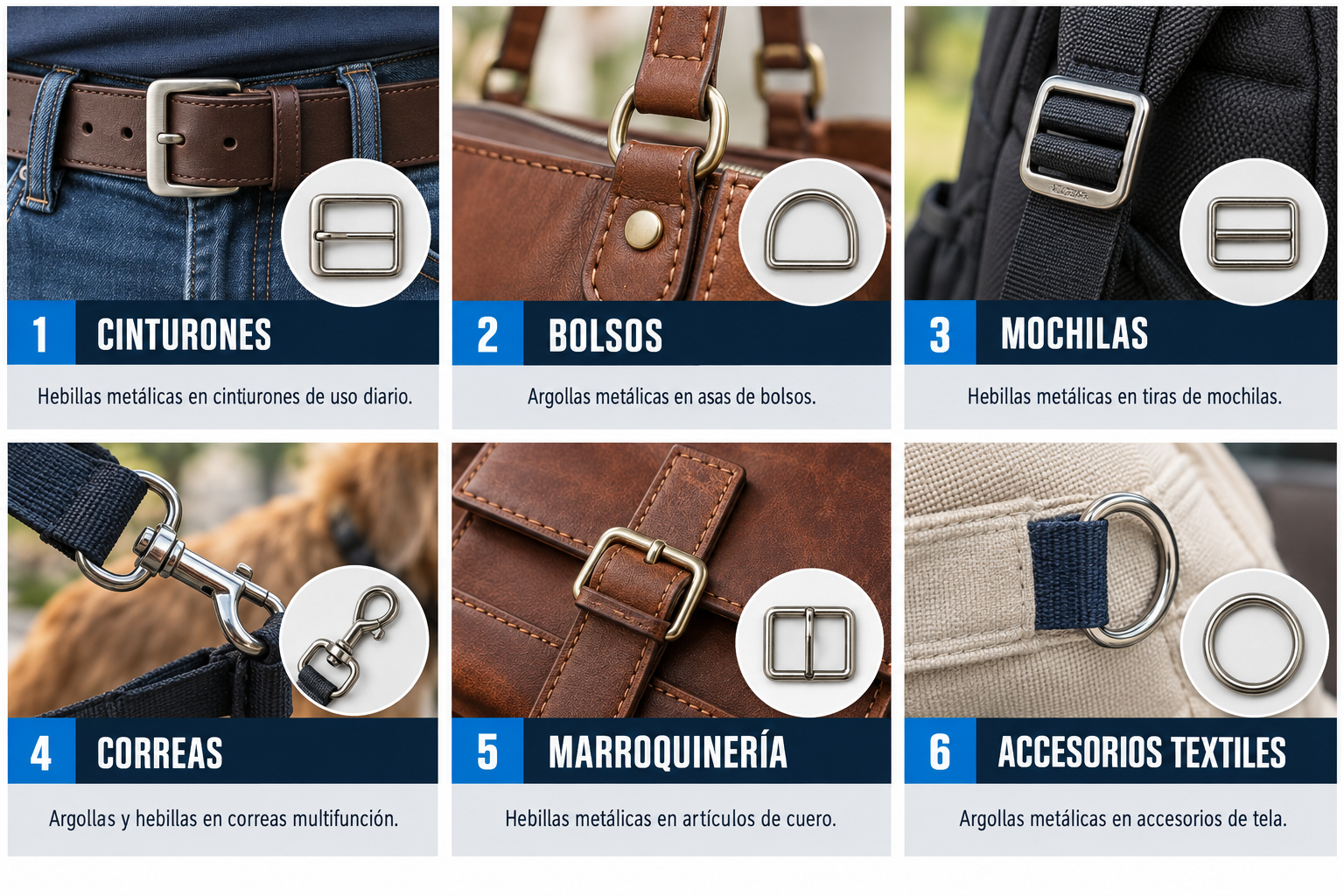 Aplicaciones de Argollas y hebillas metálicas: cinturones, bolsos, mochilas, correas, marroquinería, accesorios textiles