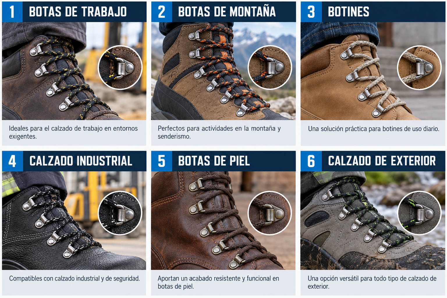 Aplicaciones de Ganchos y triángulos mineros para cordones de calzado, NOT mining machinery: botas de trabajo, botas de montaña, botines, calzado industrial, botas de piel, calzado de exterior