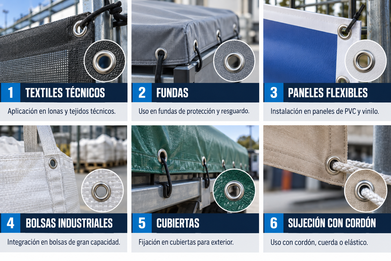 Aplicaciones de Ojillos industriales metálicos: textiles técnicos, fundas, paneles flexibles, bolsas industriales, cubiertas, sujeción con cordón