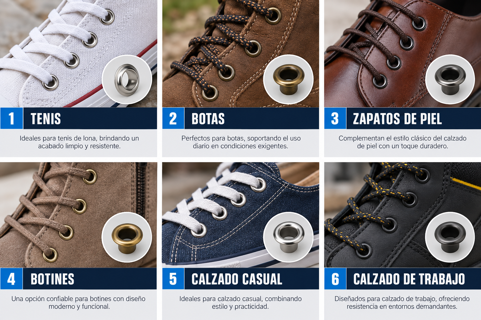 Aplicaciones de Ojillos para calzado: tenis, botas, zapatos de piel, botines, calzado casual, calzado de trabajo