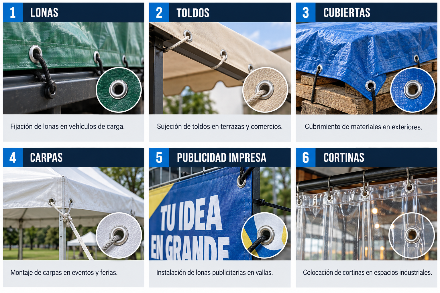 Aplicaciones de Ojillos para lona: lonas, toldos, cubiertas, carpas, publicidad impresa, cortinas