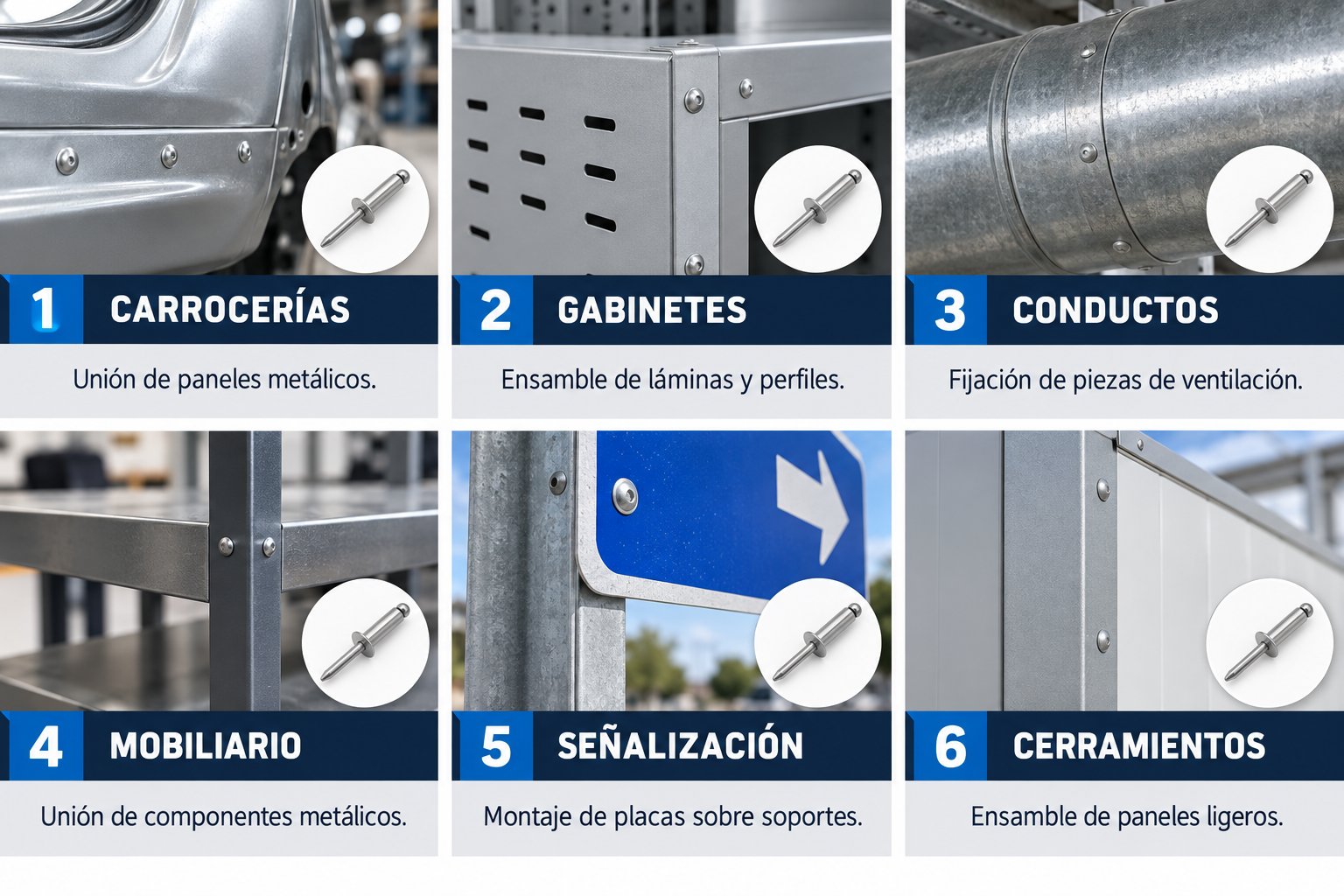 Aplicaciones de Remaches de clavo: carrocerías, gabinetes, conductos, mobiliario, señalización, cerramientos