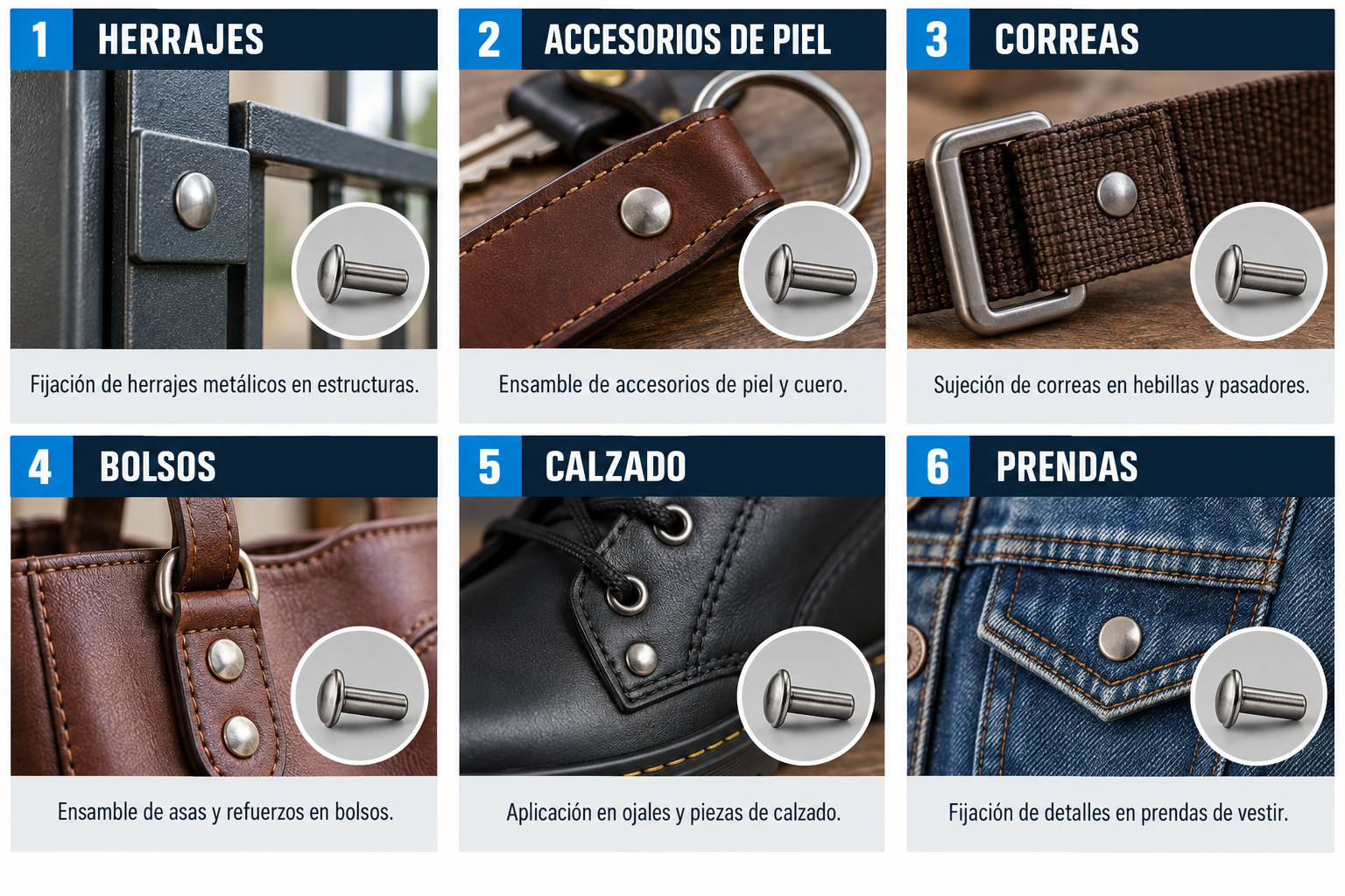Aplicaciones de Remaches rápidos para ensambles: herrajes, accesorios de piel, correas, bolsos, calzado, prendas