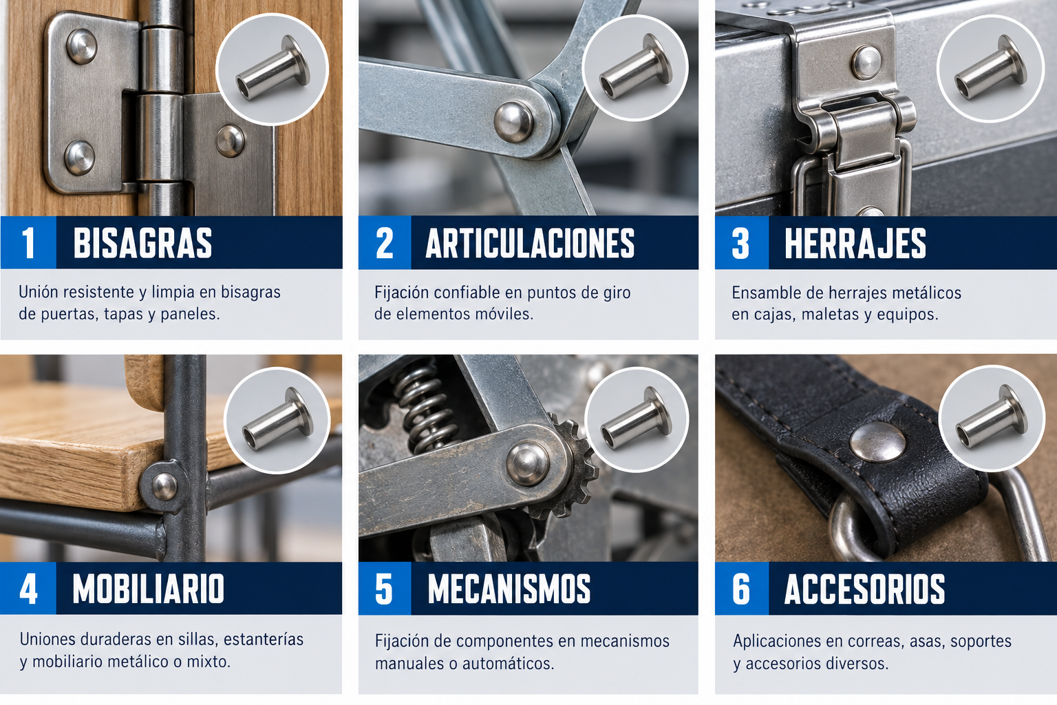 Aplicaciones de Remaches semitubulares: bisagras, articulaciones, herrajes, mobiliario, mecanismos, accesorios