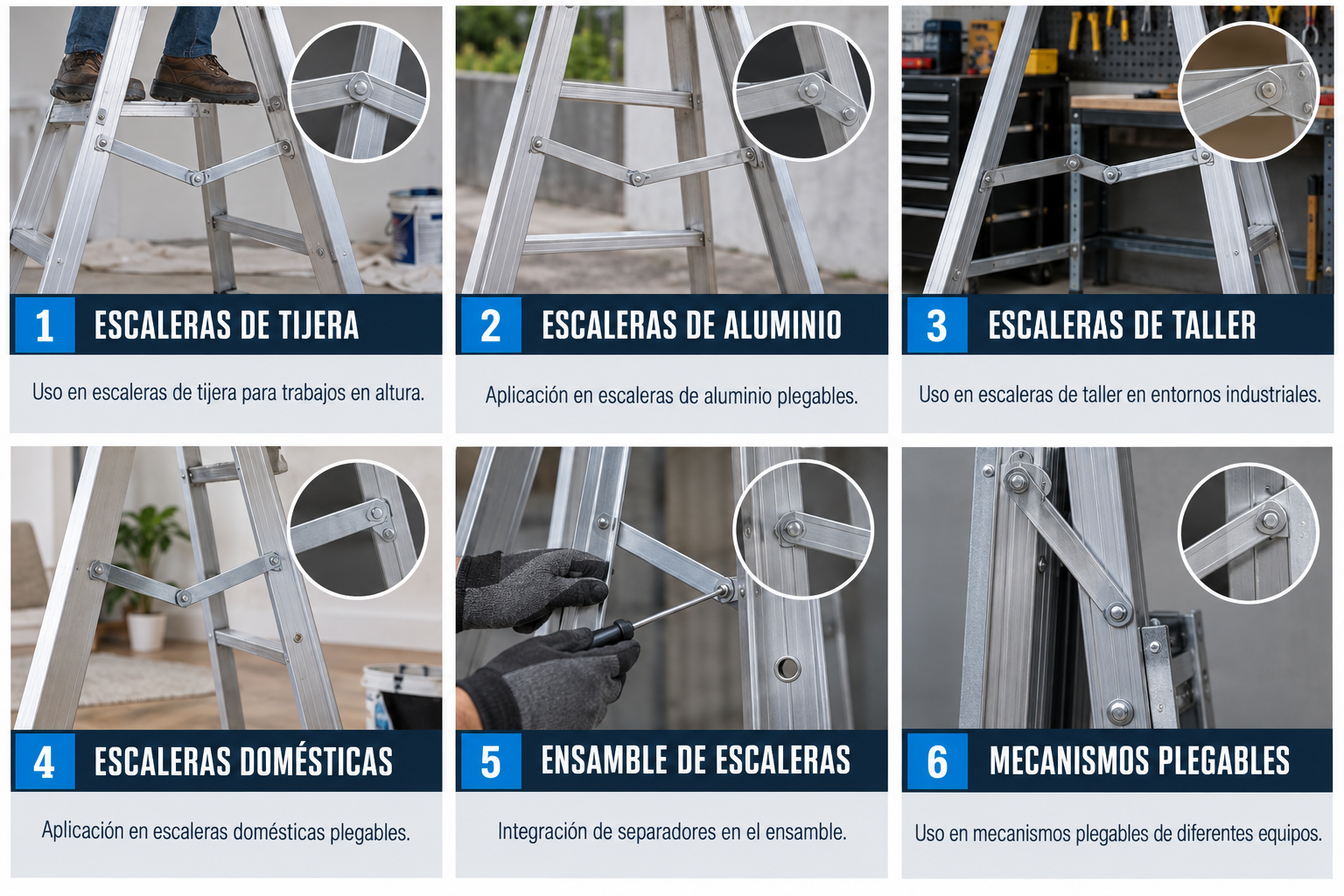 Aplicaciones de Spreaders: articulating metallic spreader braces in folding ladders: escaleras de tijera, escaleras de aluminio, escaleras de taller, escaleras domésticas, ensamble de escaleras, mecanismos plegables